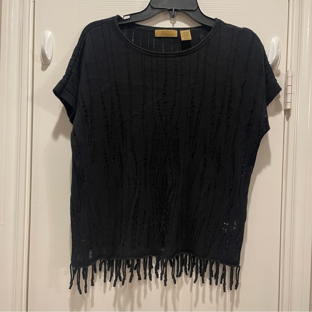 Valerie Stevens Blouse Women’s Med Black Fringe Boho Grunge Goth Dark Feminine